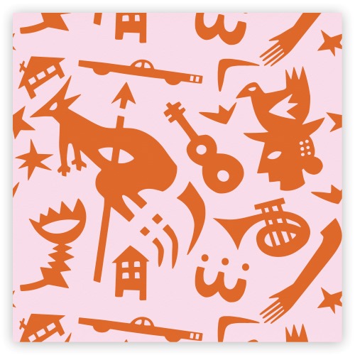 artwork of various motifs in orange on a light pink background