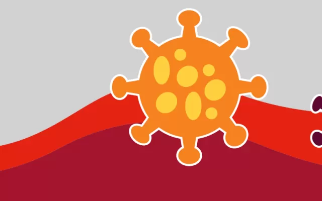 Illustration of a virus on top of Lifeblood colours to signify coronavirus
