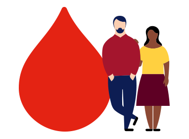 An illustration of a man and a woman standing next to a blood drop icon.