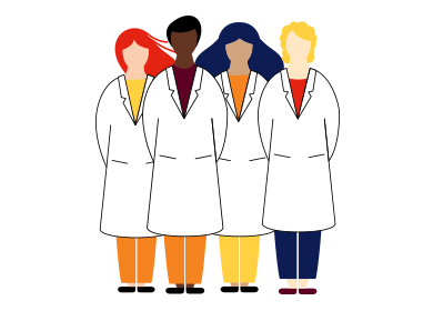 Illustration of four scientists wearing lab coats