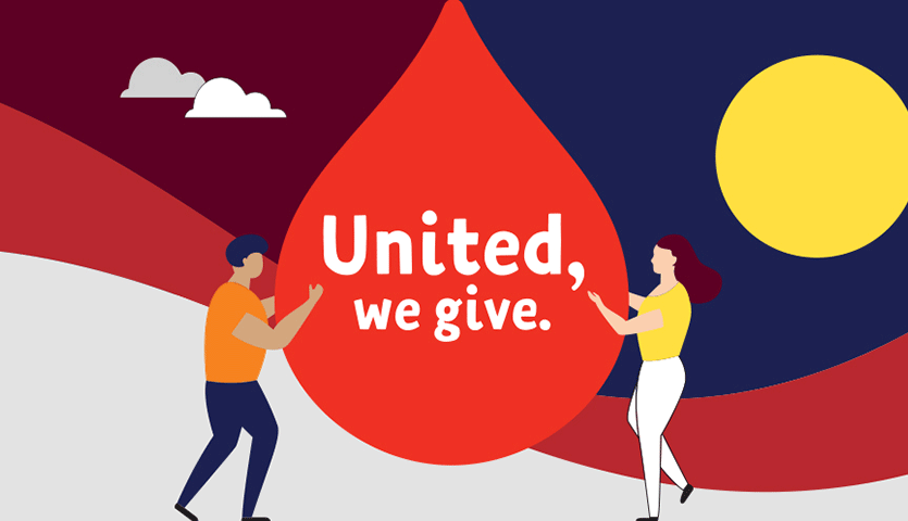 illustration of two people holding a big red blood droplet with white text reading united, we give on it