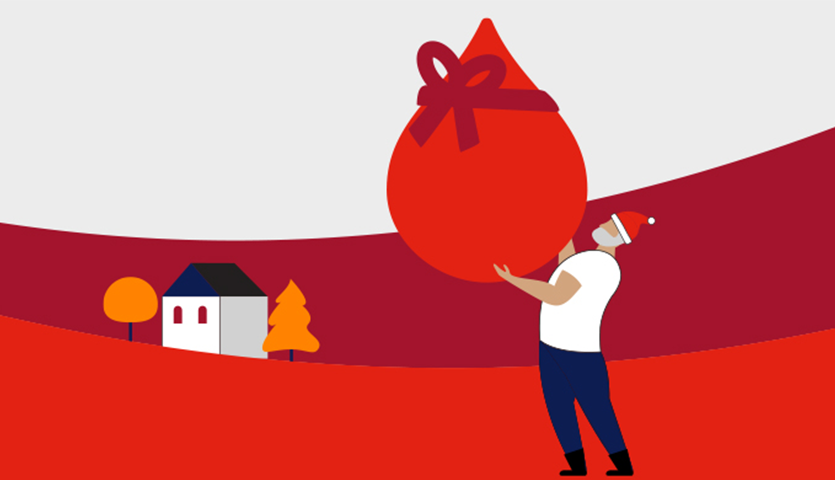 illustration of a man wearing a christmas hat and carrying a large red blood droplet which is wrapped in a ribbon