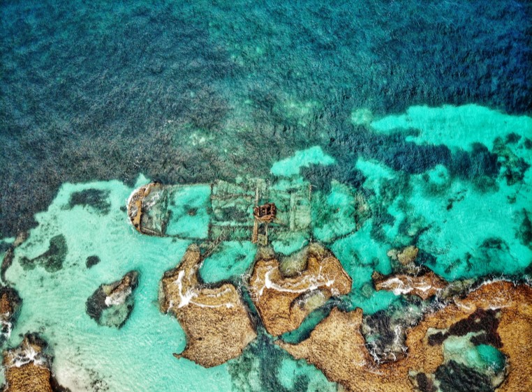 Old shipwreck from above, on Rottnest Island, Western Australia