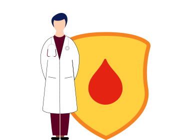 illustration of a doctor in a white coat next to a shield with a red blood droplet on it