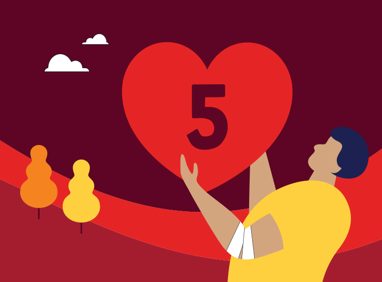 illustration of a person holding a stylised heart with the number 5 on it, they have a bandage around their elbow, in the background a person is sitting back in a chair donating blood while a nurse stands beside them