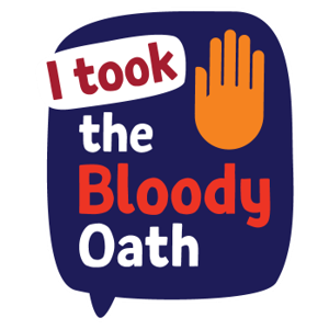 icon of a blue speech bubble with with an illustration of a hand and text reading I took the Bloody Oath