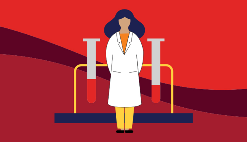illustration of a scientist standing in front of test tubes