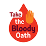 icon of a red blood droplet with an illustration of a hand and text reading Take the Bloody Oath