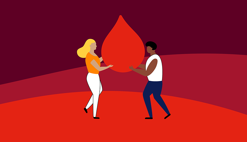 illustration of two people holding a large red blood droplet