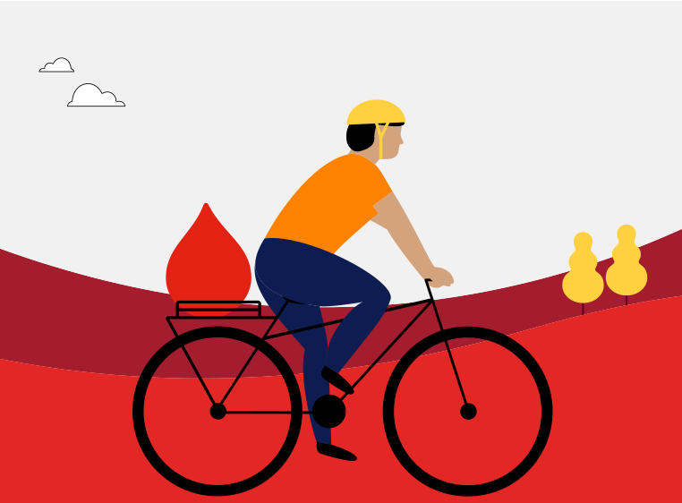 illustration of a person riding a bicycle towards a building, on the back of their bike is a large red blood droplet