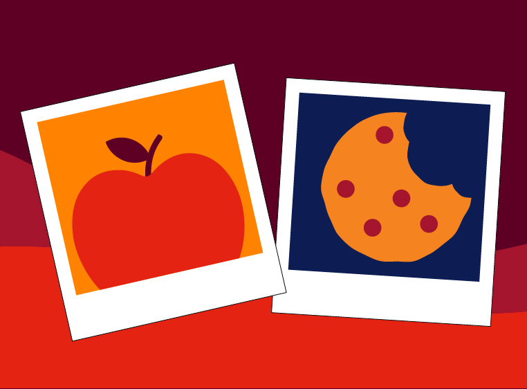 illustration of an apple and a cookie on a red background