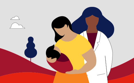 illustration of a mother holding a baby in her arms and a scientist wearing a white lab coat standing beside her
