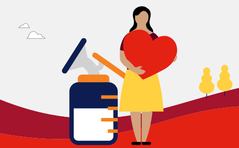 illustration of a woman wearing a yellow dress carrying a red love heart standing next to a breast milk pump