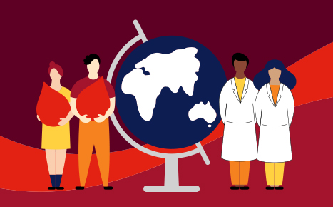 illustration of a globe of the earth, standing on one side are two people holding large red blood droplets and on the other side are standing two scientists in white lab coats