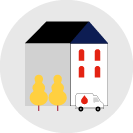 illustration of a building and a van parked outside with red droplet on the side