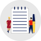 illustration of two people standing next to a large notepad and one of them is holding a pen