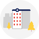 illustration of a hospital building with a few yellow trees next to it
