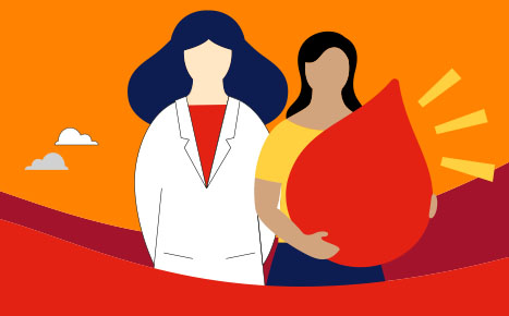 illustration of a scientist in a white lab coat standing alongside a woman holding a large red blood droplet