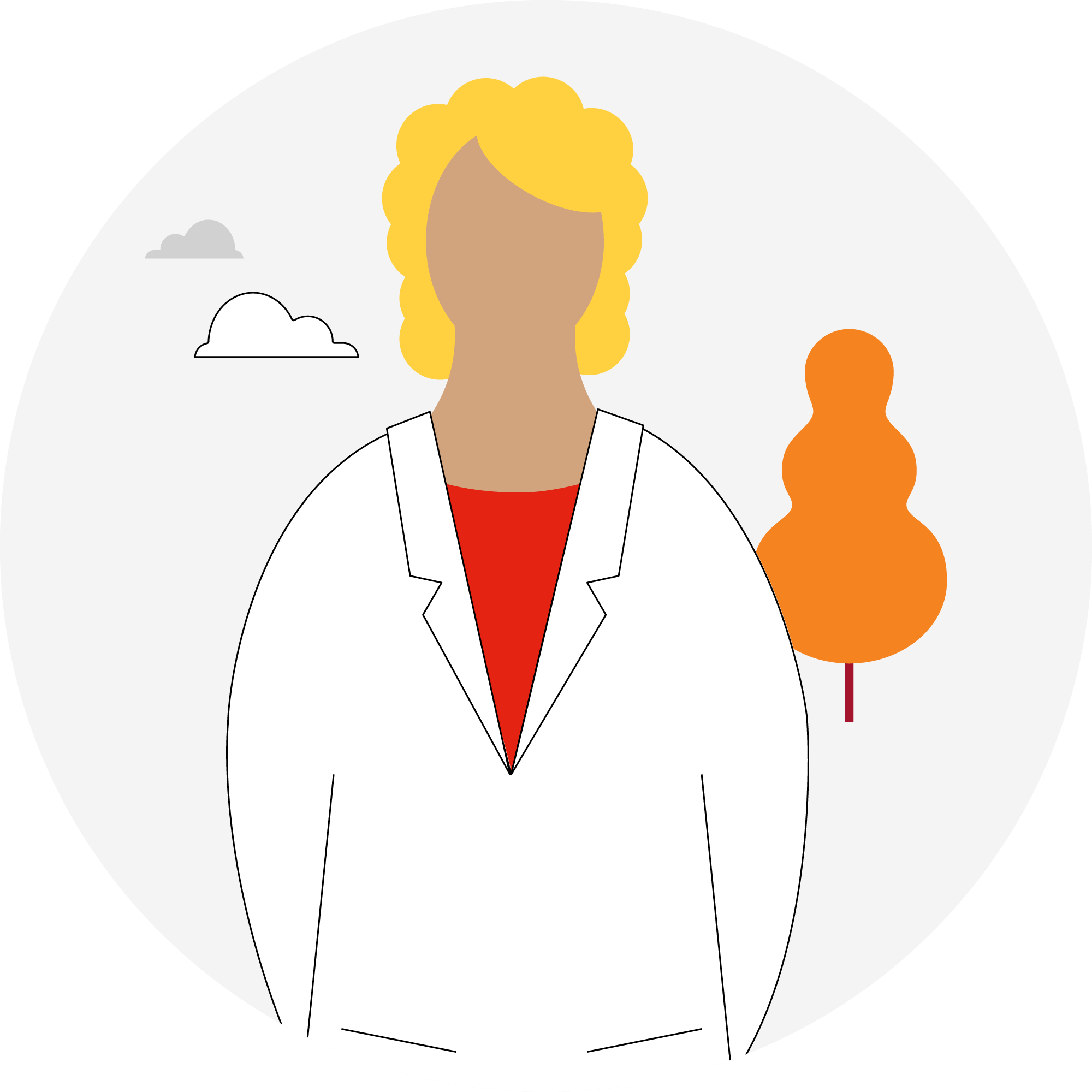 illustration of a scientist wearing a white coat, in the background is a tree and some clouds