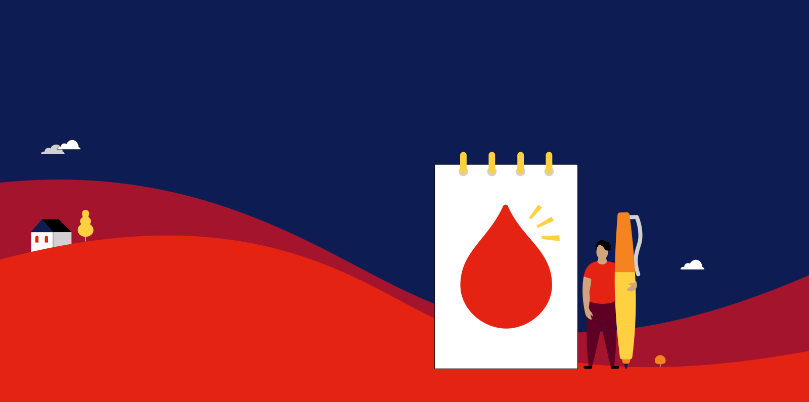 illustration of a person holding a giant pen standing next to a notepad with a big red blood drop on it