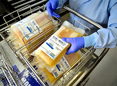 a lab worker wearing a blue gown and gloves holding bags of plasma in a trolley