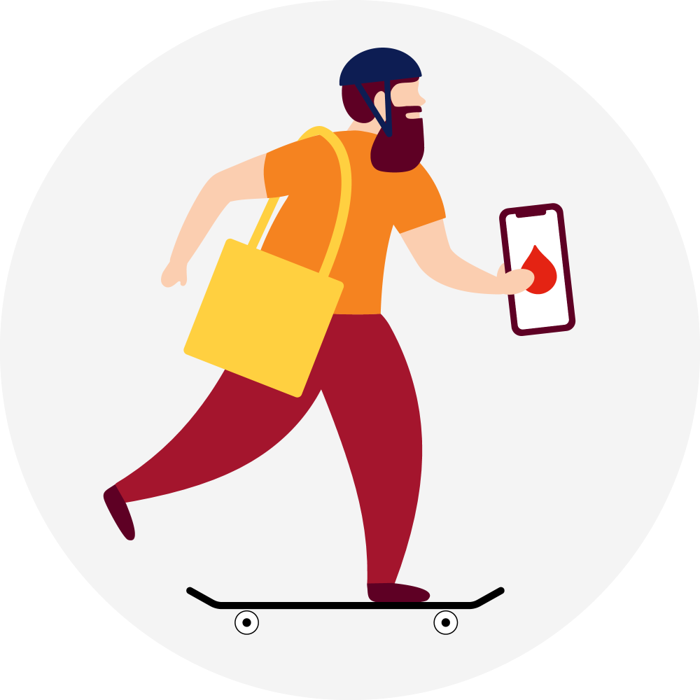 illustration of a person riding on a skateboard wearing a helmet and carrying a phone with a blood drop icon on it
