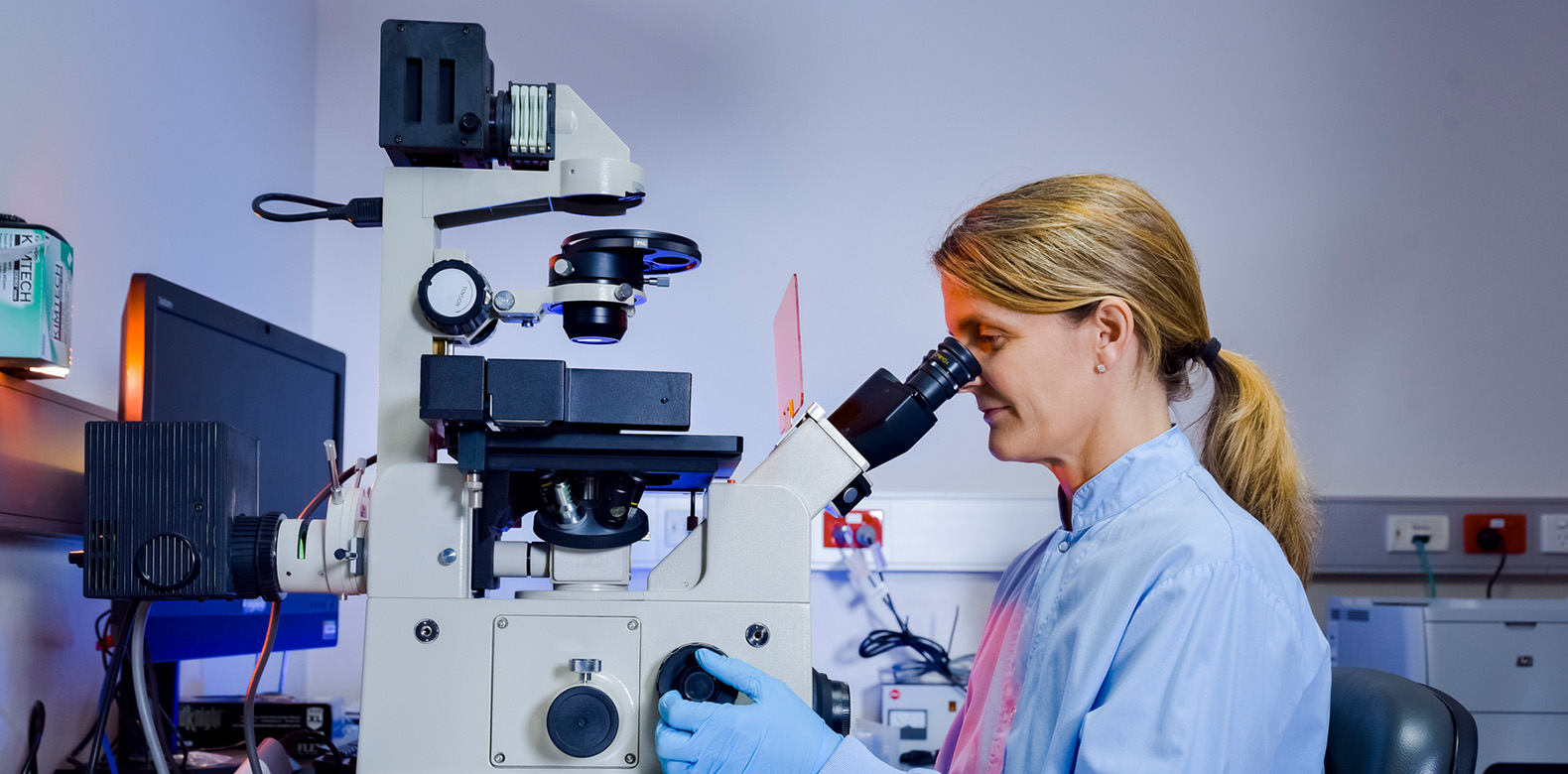 scientist looking in microscope