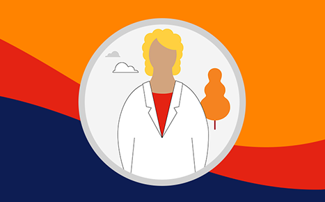 illustration of a health professional wearing a white lab coat in the centre of a stylised background