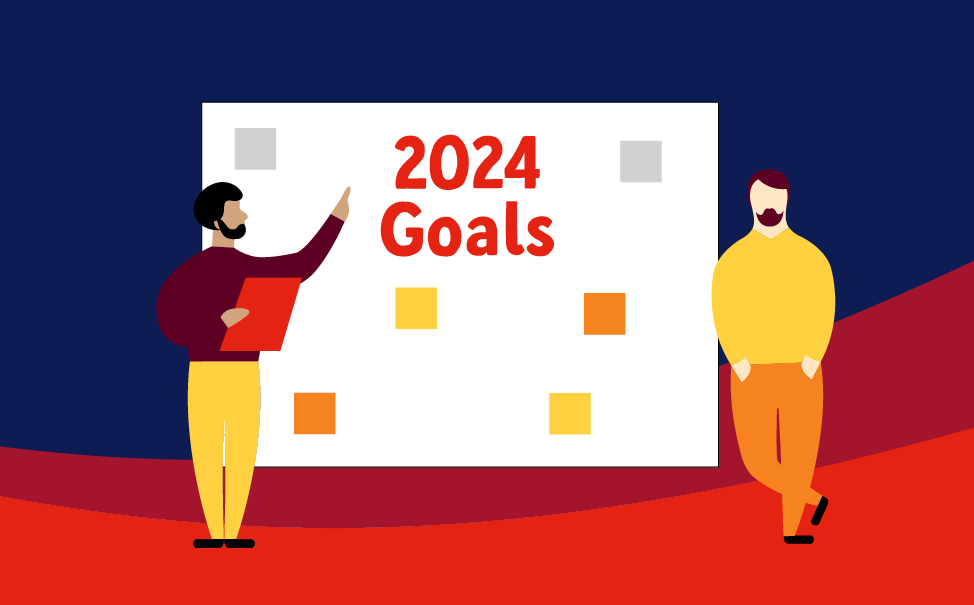 illustration of two men pointing at a board that says '2024 goals' with post-it notes on it
