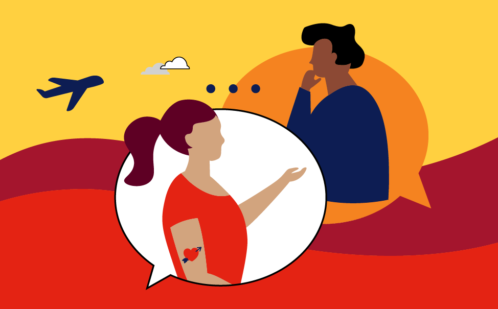 illustration of a man and woman in a speech bubble with an airplane and clouds in the background