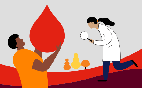 illustration of a person holding up a large red blood droplet and a scientist in a white coat holding a magnifying glass