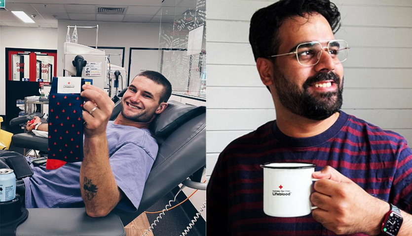 Collage of man holding lifeblood socks and a man with a lifeblood coffee mug