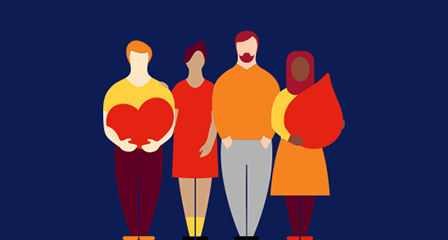 illustration of four people, one is holding a red loveheart and one is holding a red blood droplet