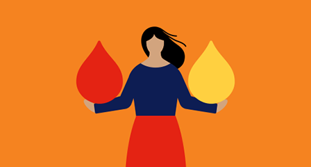 illustration of a woman holding a red blood drop and yellow plasma drop