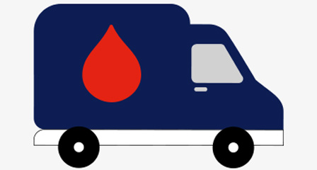 illustration of a blood transport truck with a blood droplet symbol on the side of it