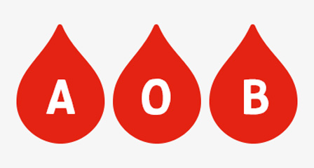 illustration of three red blood drops with a white letter on each, the first is A, the scond is O, the third is B