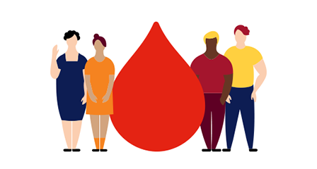 illustration of a big blood droplet with four people standing beside it
