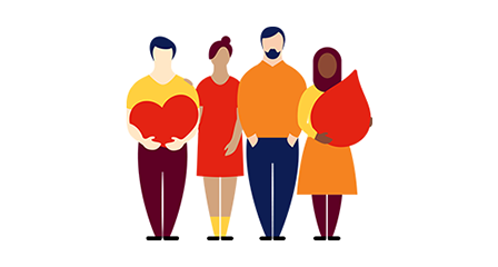 illustration of four people, one is holding a red loveheart and one is holding a red blood droplet