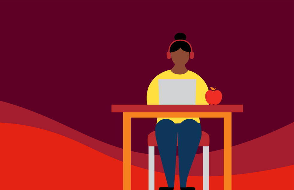 illustration of a lady sitting at a desk with a computer