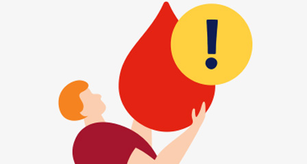 illustration of a man holding a large red blood droplet with an exclamation symbol in a yellow circle