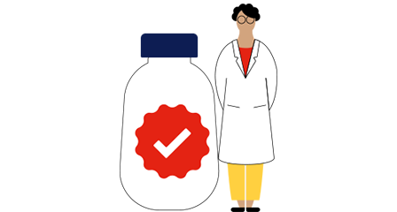 illustration of a scientist standing next to a bottle of milk with a tick mark symbol on it