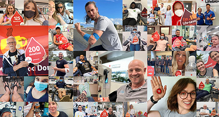 a collage of a variety of donors smiling while donating or while holding donation signs