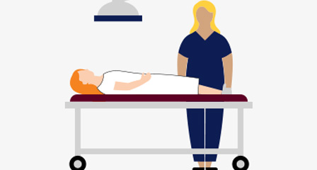 illustration of a patient lying on a stretcher with a doctor standing beside them, a ceiling lamp is above them