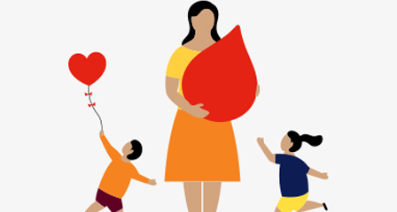 illustration of a woman holding a big red blood droplet, two children are playing next to her, one is holding a red balloon in the shape of a heart