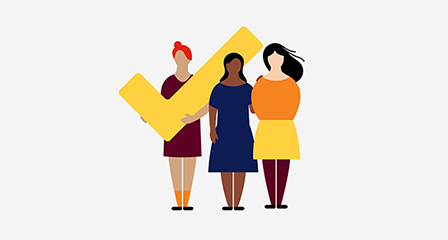 illulstration of four people holding a yellow tick symbol