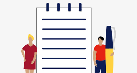 illustration of two people standing next to a large notepad and one of them is holding a pen