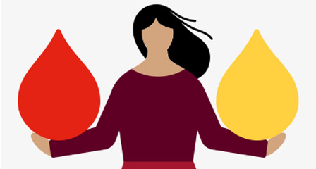 illustration of a woman holding red and yellow droplets in each hand
