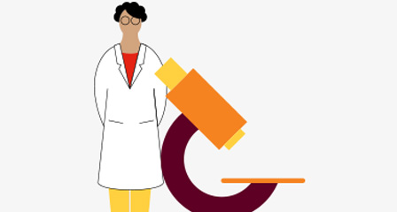 illustration of a scientist standing next to a large microscope