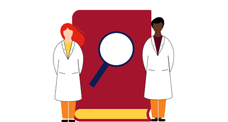 illustration of a two scientsts next to a book with a magnifying glass on it