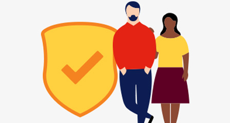 illustration of two people standing next to a shield with a check mark on it